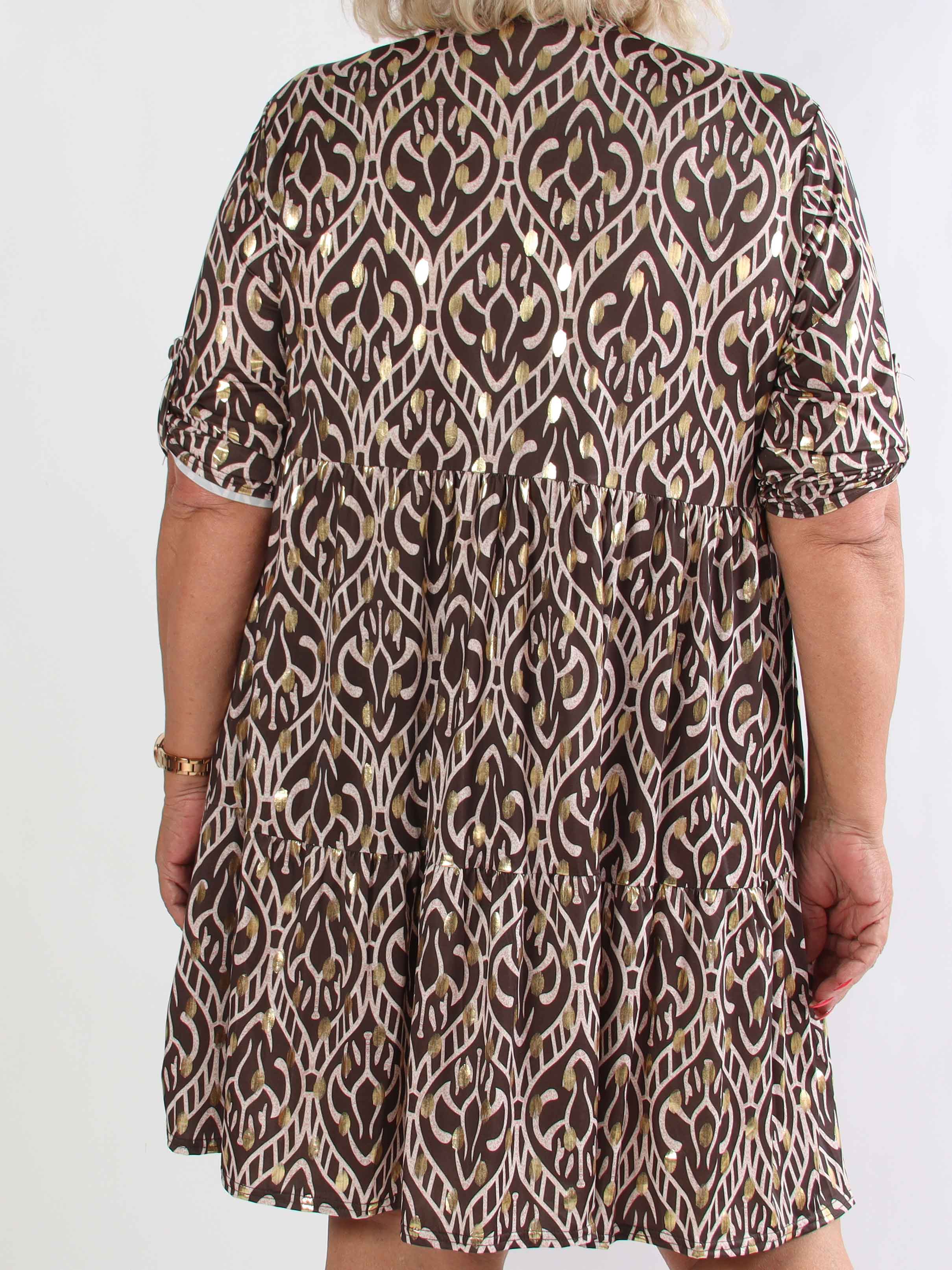Milano Boho Midi - Mönstrad plus size klänning med guldfärgade prickar och lager-på-lager-look